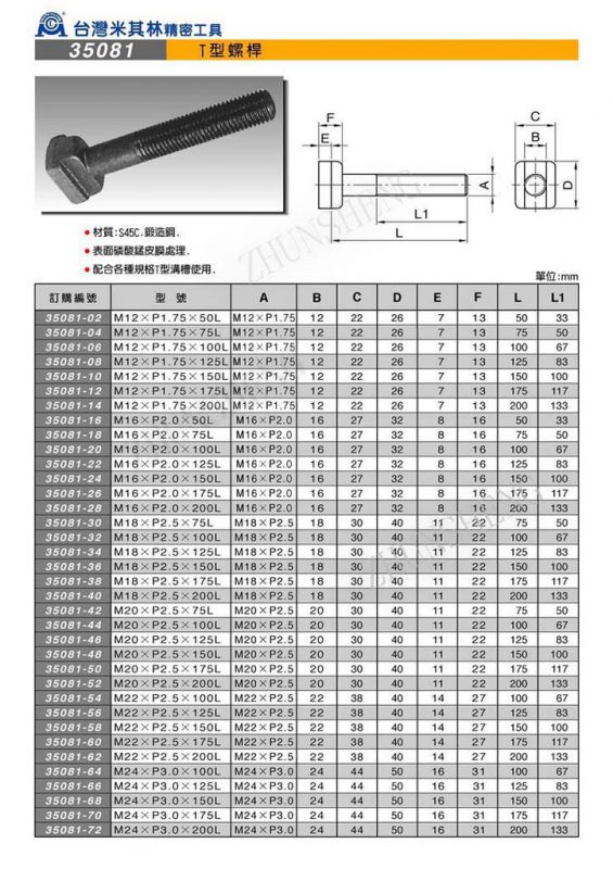 代理米其林t型螺杆t型螺栓铣床夹具m20规格价格低