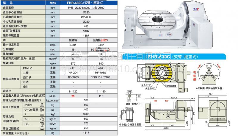 潭佳tjrfhr630c双臂摇篮式第五轴cnc转台数控分度盘