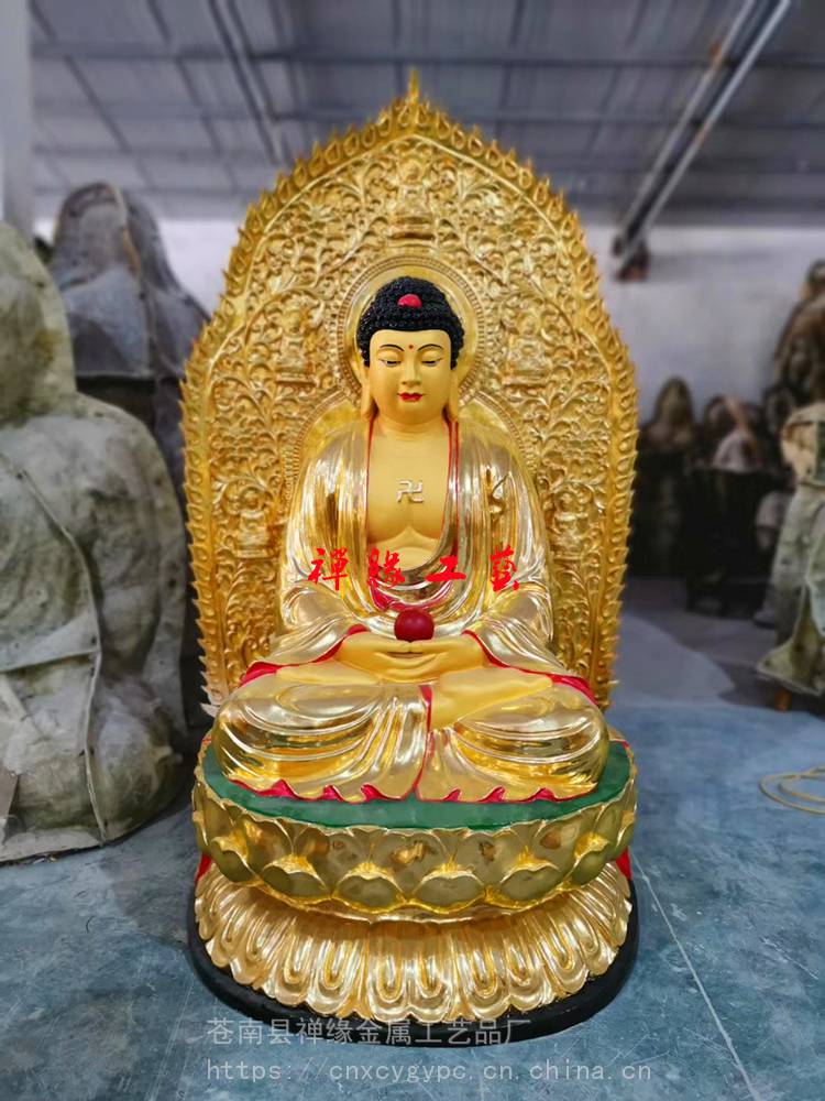 供应三宝佛带背光玻璃钢佛像一佛二弟子树脂佛像报价