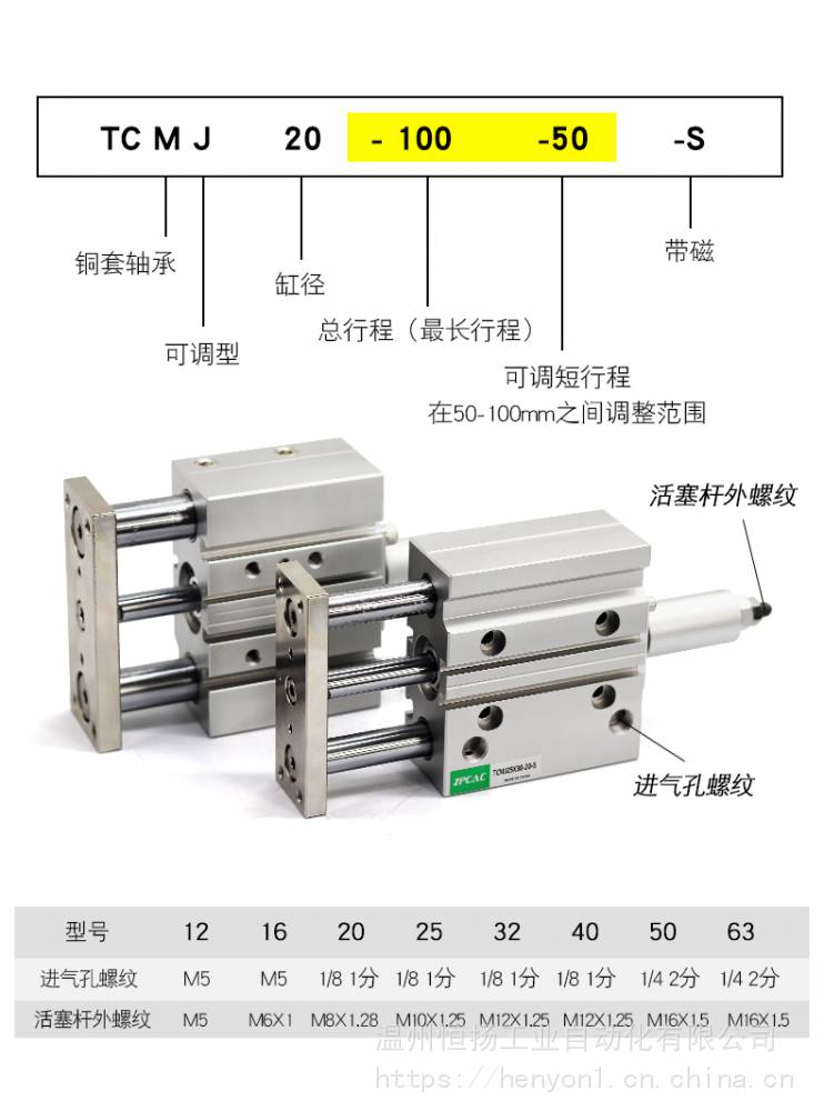 三轴气缸带导杆气缸行程可调tcmj12162030x405075100