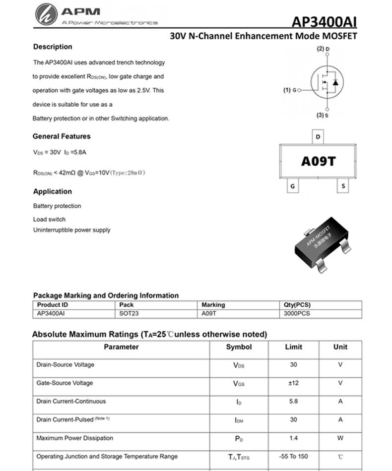 ap3400ai丝印a09t替代ao340030v5a贴片sot23n管mos场效应管