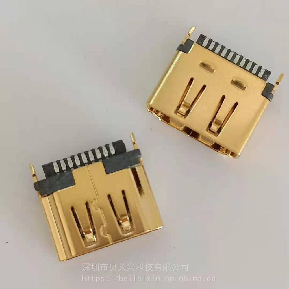 hdmi焊线母座19pin180度焊线式铜壳镀金端子镀金15u带护套