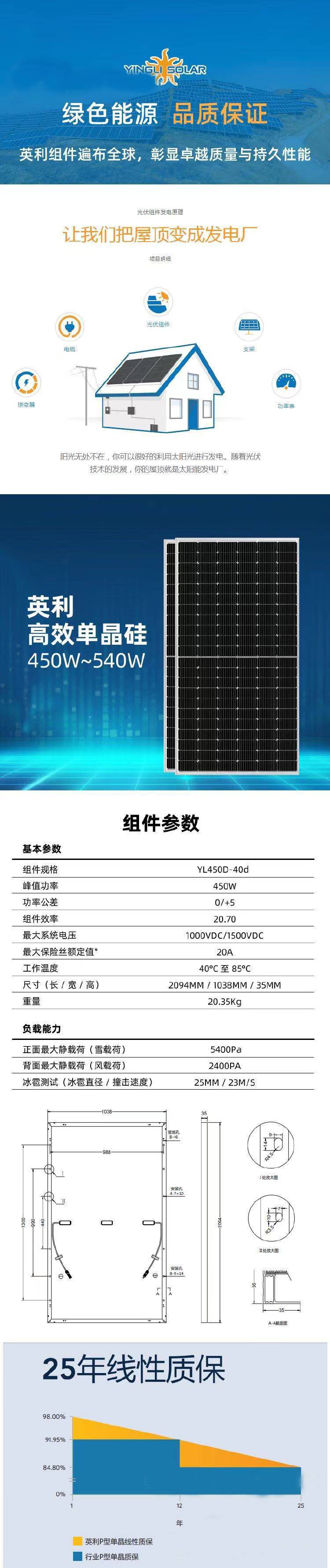 保定英利正a级单晶450w光伏板批发销售