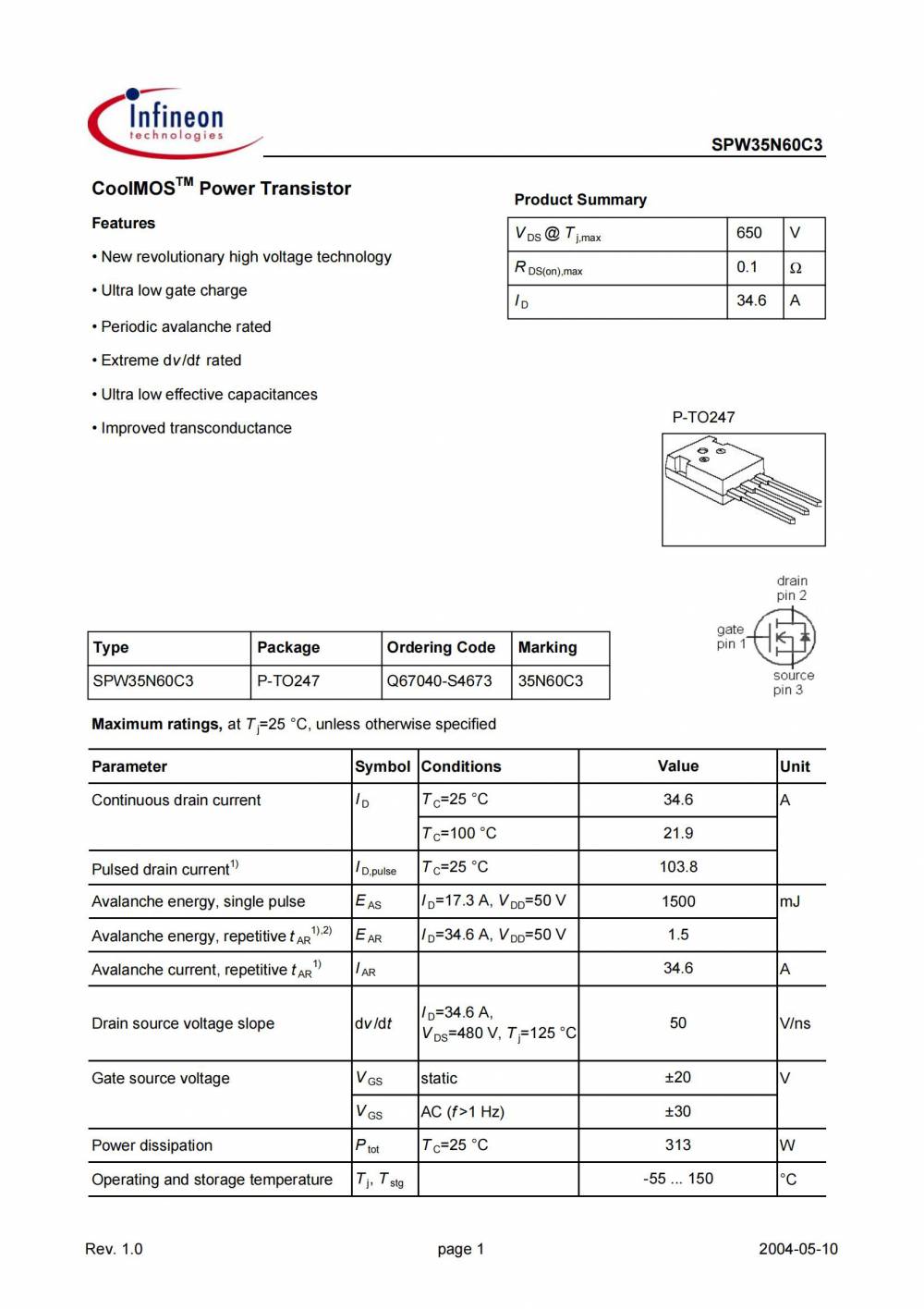 原厂英飞凌mos管料号spw35n60c3infineon