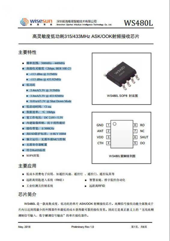 ws480l315433接收芯片替代syn480cs518wl480cmt2210ls