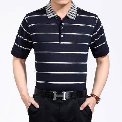 批发儿童服装地摊男宽条纹翻领t恤加肥男士翻领针织t恤衫10元服装批发