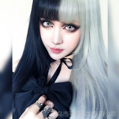 欧美朋克女士黑白混色阴阳头套空气长直发亚马逊速卖通假发批发
