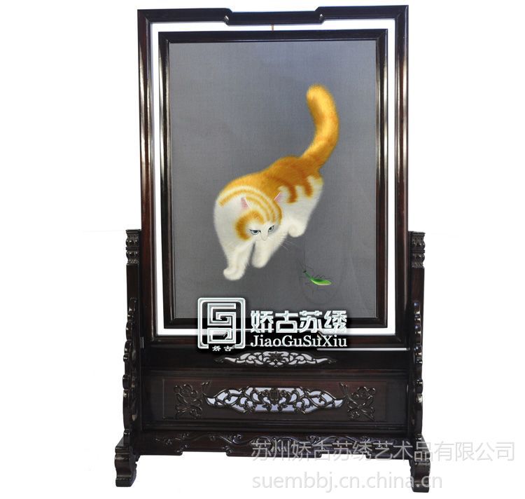 中國美術 七宝焼 景泰蓝 猫 蝶々 蘇繡 雙面繡 両面刺繍「猫と蝶」 中国工芸品