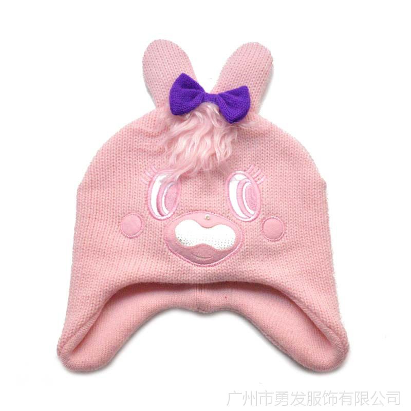 勇发服饰儿童小孩小兔子蝴蝶结针织毛线冬天护耳风雪帽定做图片