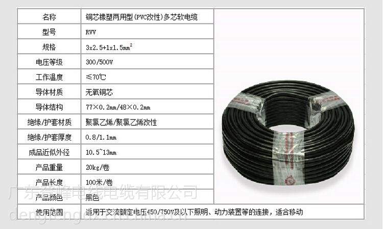 广东登峰供应rvv软电缆控制电缆3075平方橡塑两用型多芯图片