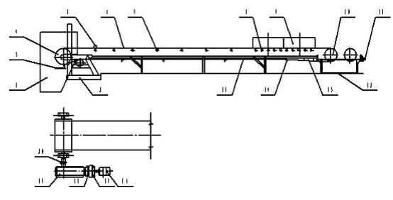 輸送帶 7,承載託輥 8,緩衝託輥 9,導料槽 10,改向滾筒11,螺旋拉緊裝置