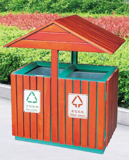 供应供应湖北省三角形钢木分类木条垃圾桶lygm6500