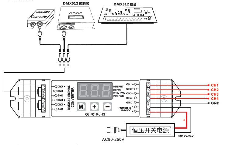 珠海缤彩dmx512转010v信号转换器010v信号控制器
