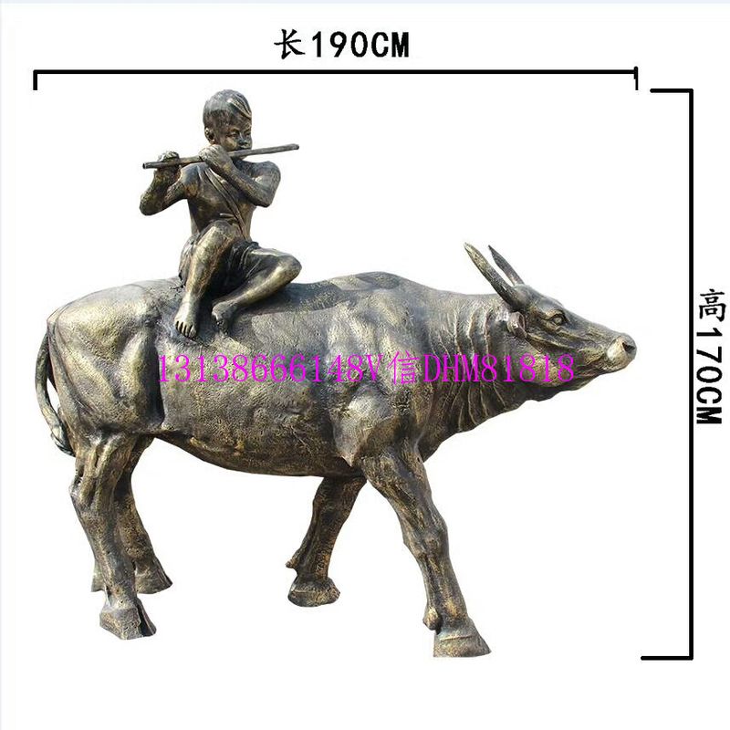 铸铜坐牛背吹笛男童雕像玻璃钢牧童水牛铜塑像仿铜小孩骑牛造型