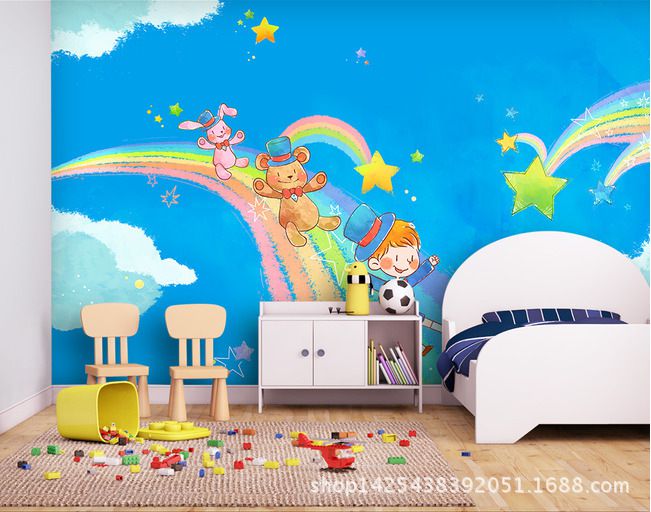 手绘定制代理欧式卡通美丽彩虹儿童卧室墙布背景墙