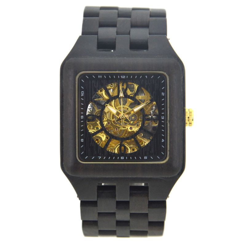 方形防水男士商务全自动镂空机械木质手表