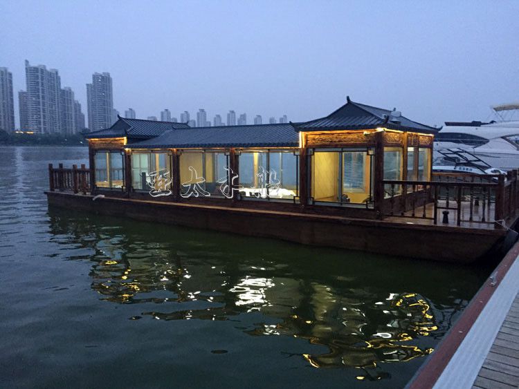 亚太木船水上餐厅船餐饮画舫船休闲电动观光船画舫木船