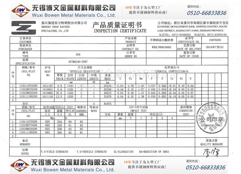 304不锈钢板304不锈钢板产品质量证明书150018002000宽东方钢材城无锡