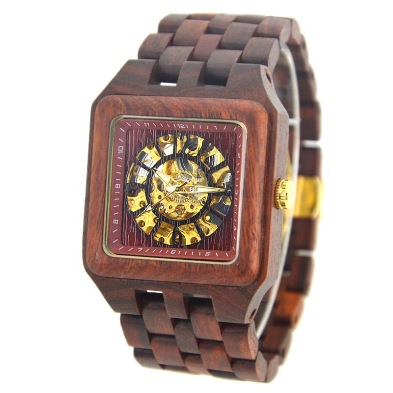 方形防水男士商务全自动镂空机械木质手表