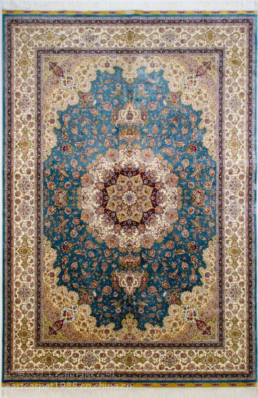 yisi上海简欧孔雀蓝纯手工真丝地毯出口意大利500lhandnottedrug