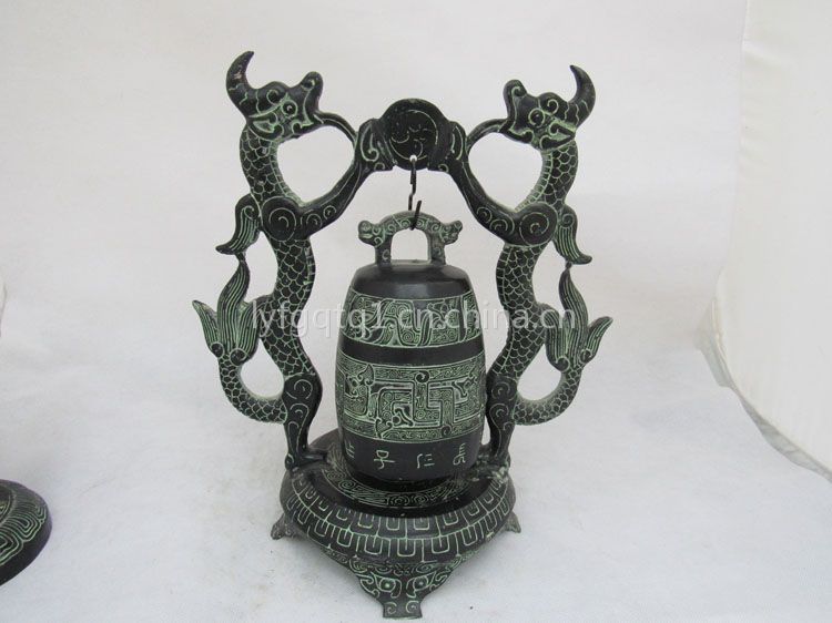 商周時代 ・青銅器 收藏 【青銅銘文双龍鐘 風水置物】中國古美術