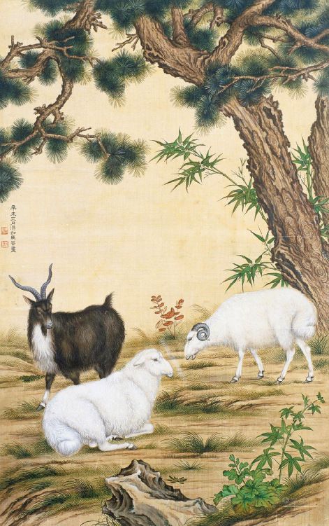 国画马晋羊三羊开泰三阳开泰吉祥松树传统绘画文化艺术