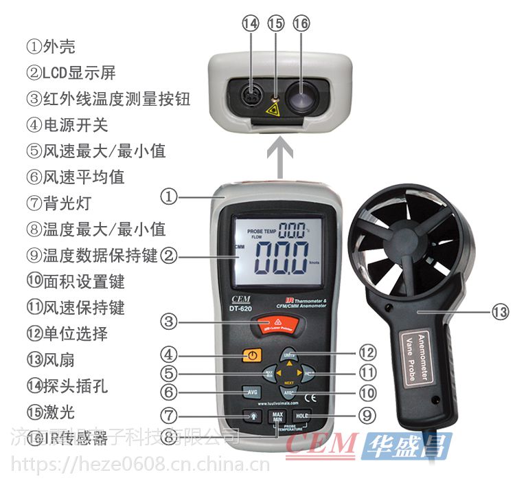 cem华盛昌dt620风速风温计手持式风速仪