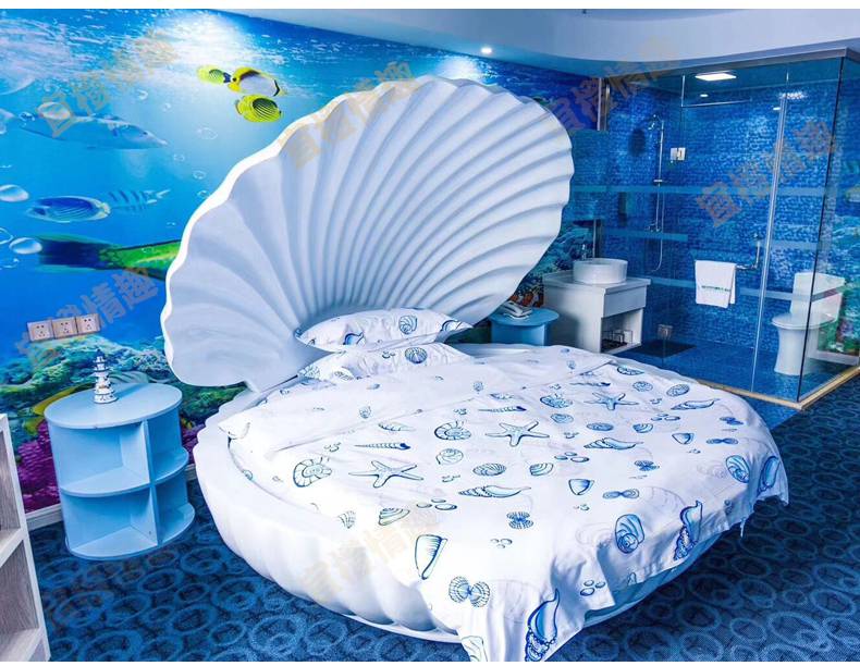 情趣家具主题床贝壳大圆床宾馆情侣双人电动床酒店震动红床