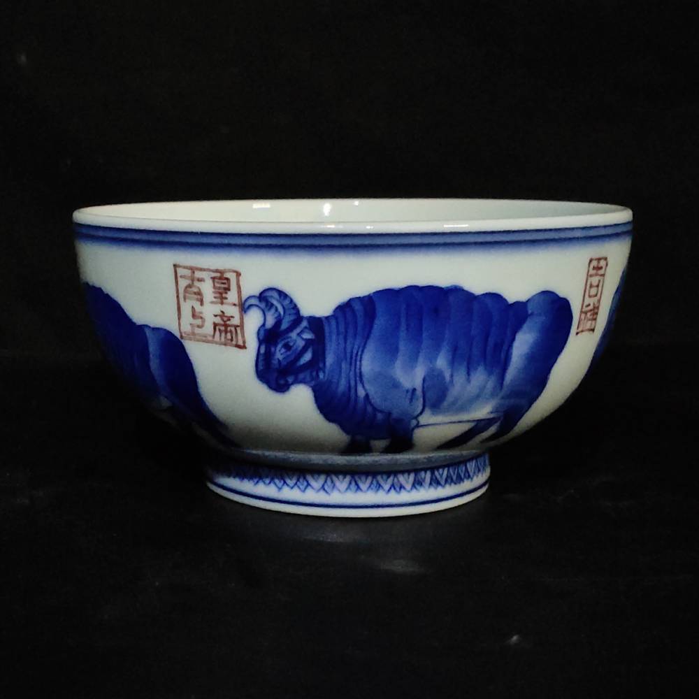 景德镇斗趣陶瓷手工手绘釉下青花五牛图