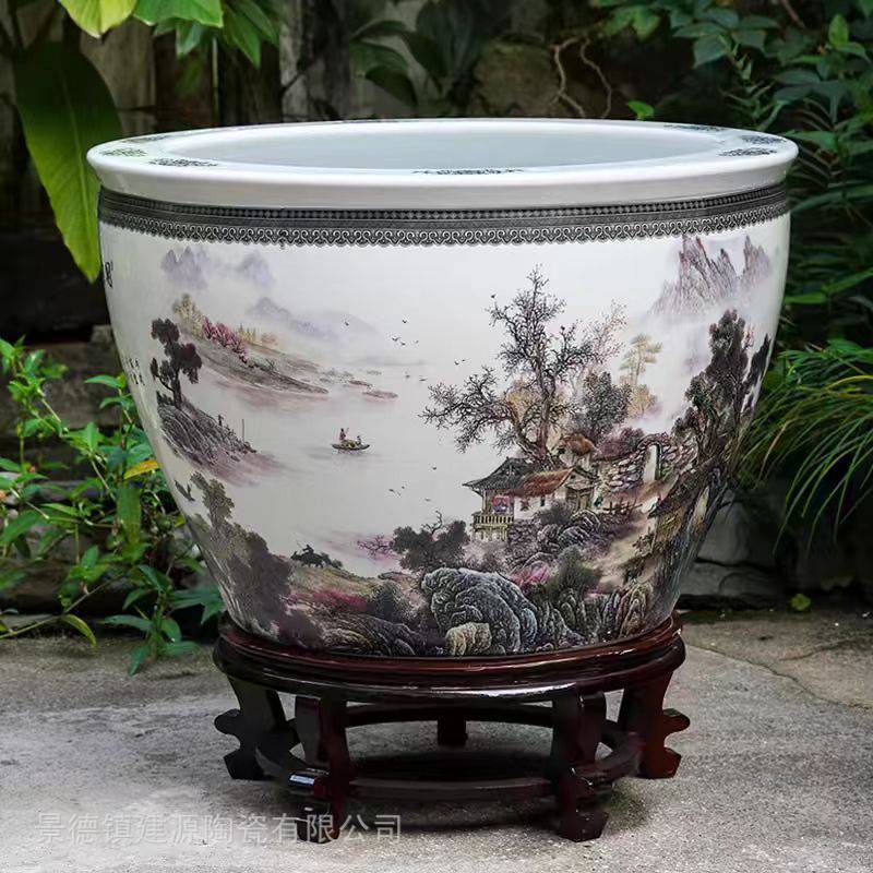景德镇陶瓷鱼缸 手绘荷花鱼陶瓷缸 定做各种大小陶瓷大缸