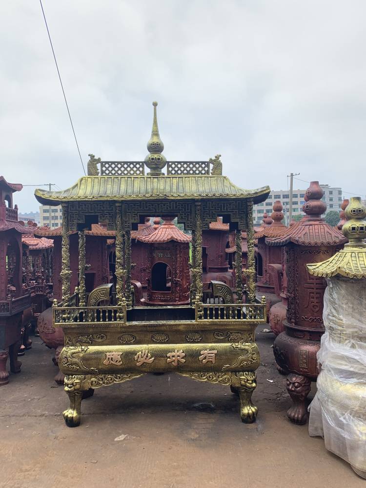 寺庙铸铁祠堂大型长方形带盖香炉祠堂长方形八龙柱香炉