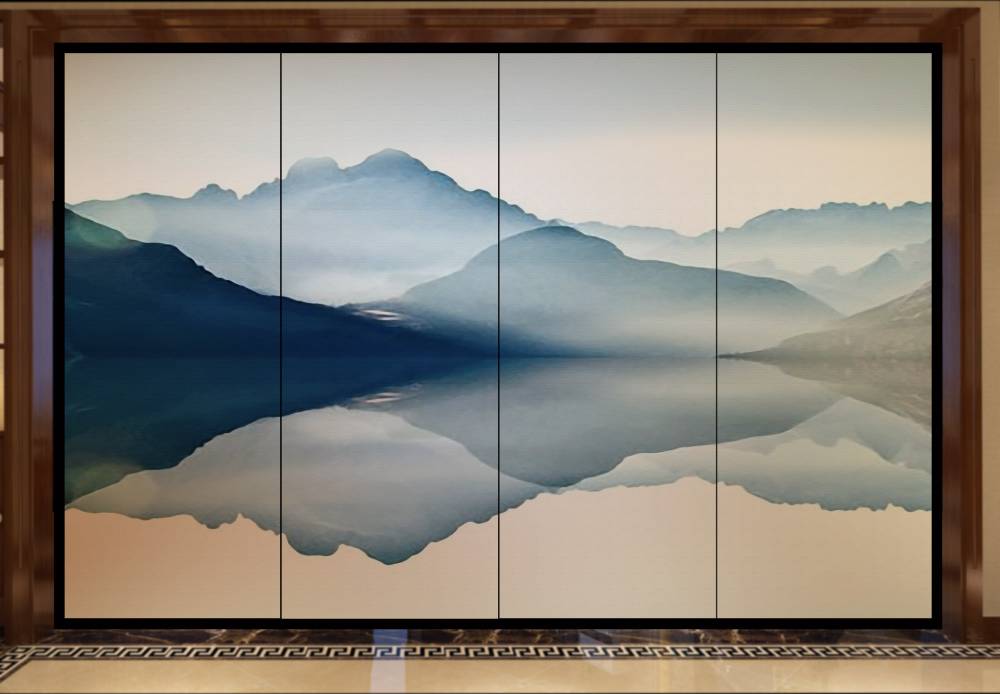 郑州山水画玻璃夹图玻璃玄关客厅入户屏风夹丝玻璃定制图片