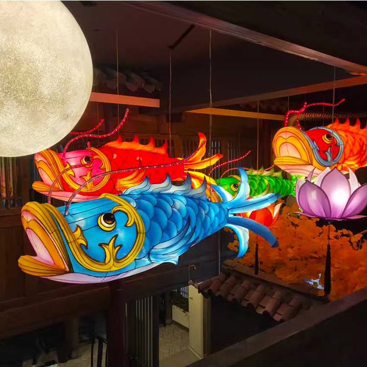 小型鱼灯笼吊顶日式餐厅酒店装饰大型鲤鱼花灯主题户外景区彩灯
