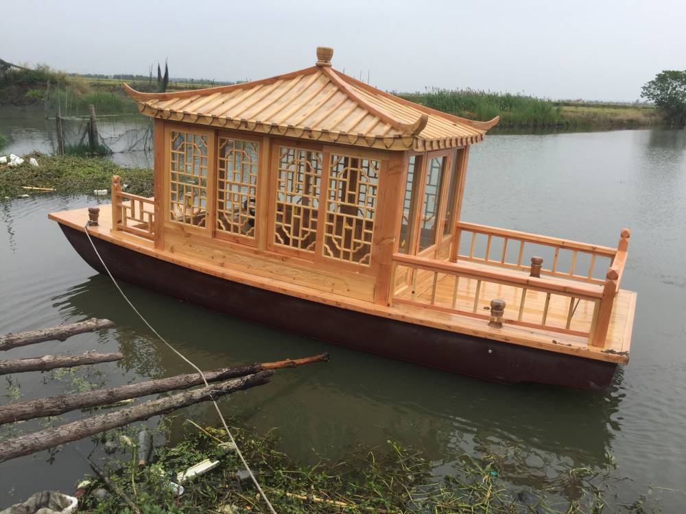 景区休闲观光电动单亭游船长沙烈士公园定做木船厂图片