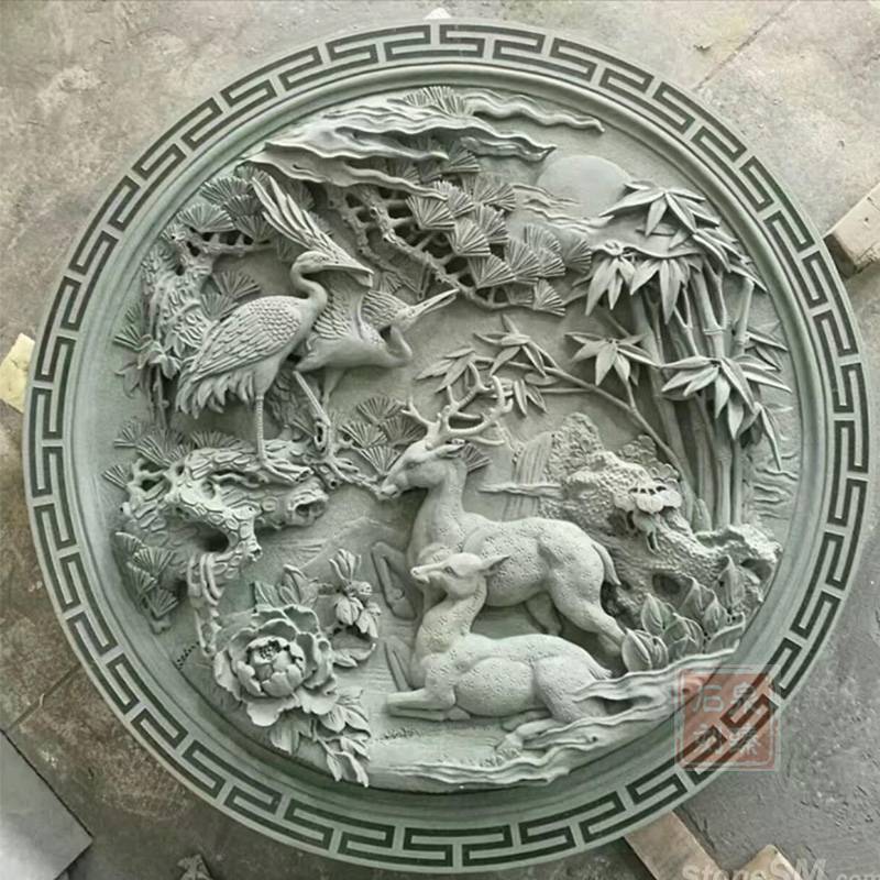 鹤鹿同春浮雕梅花鹿石材浮雕影壁墙浮雕定制