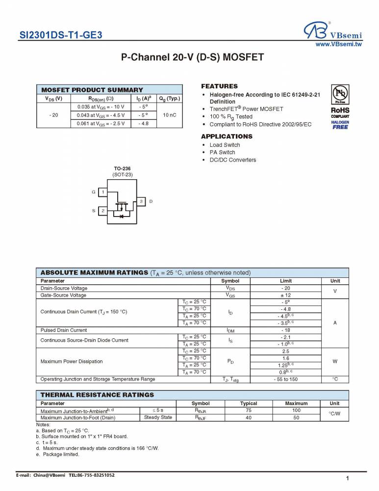 【si2301ds-t1-ge3 mos管 p沟道 场效应管 -20
