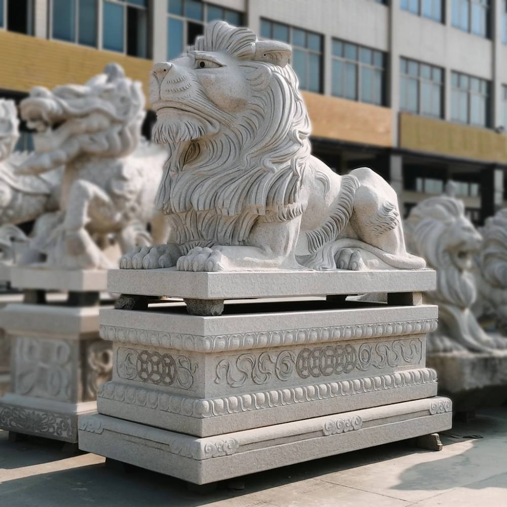 银行门口摆放石雕港币狮芝麻白石狮子石材迎宾狮