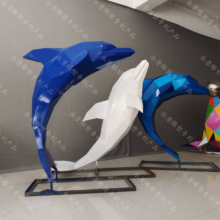几何切面海豚雕塑定制 不锈钢块面动物海洋鲸鱼摆件　永景