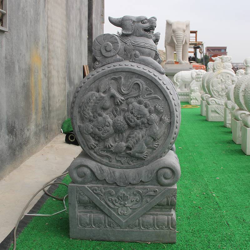 石雕门墩抱鼓石一对家用门口石狮子麒麟貔貅黑石仿古做旧石鼓石墩惠安