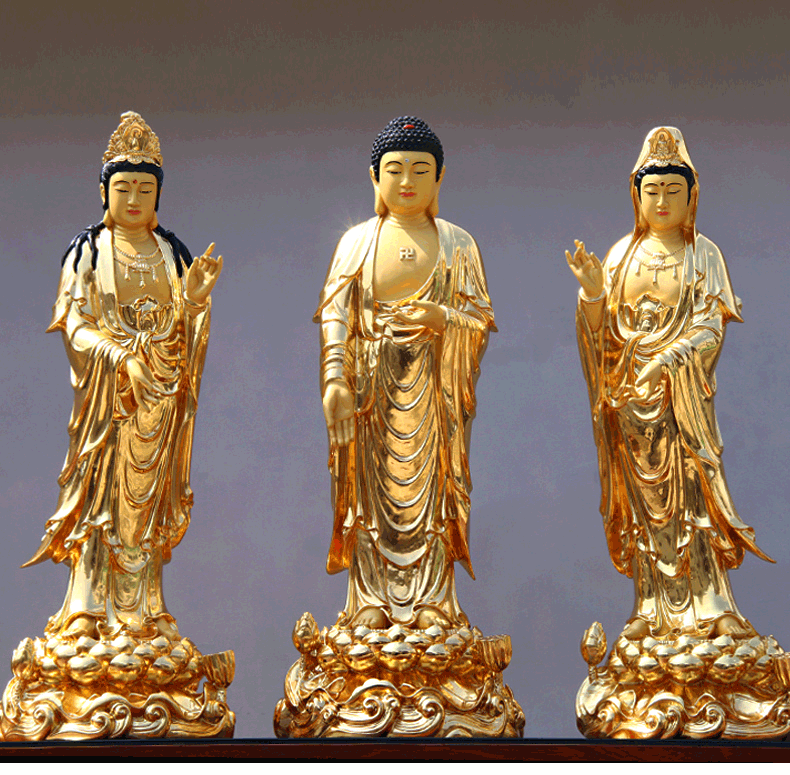 铸站像西方三圣铜佛像纯铜华严三圣净瓶观音铜像