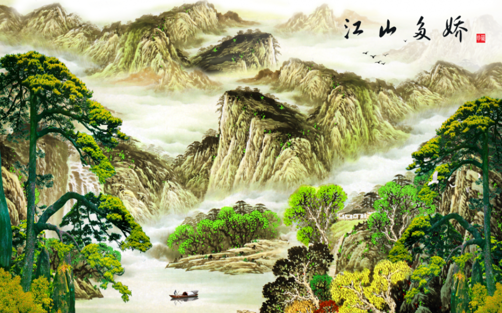 厂家定制山水画富贵花开背景墙壁画uv打印