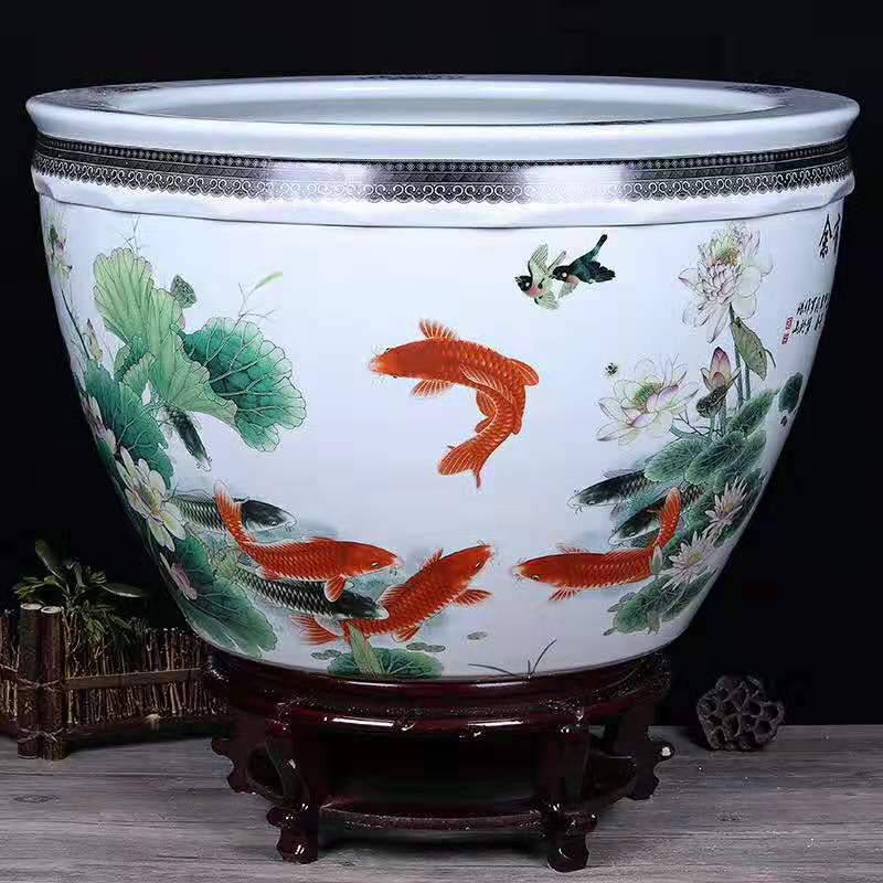景德镇陶瓷大缸口径758090公分手绘陶瓷缸厂家定制粉彩荷花鱼缸
