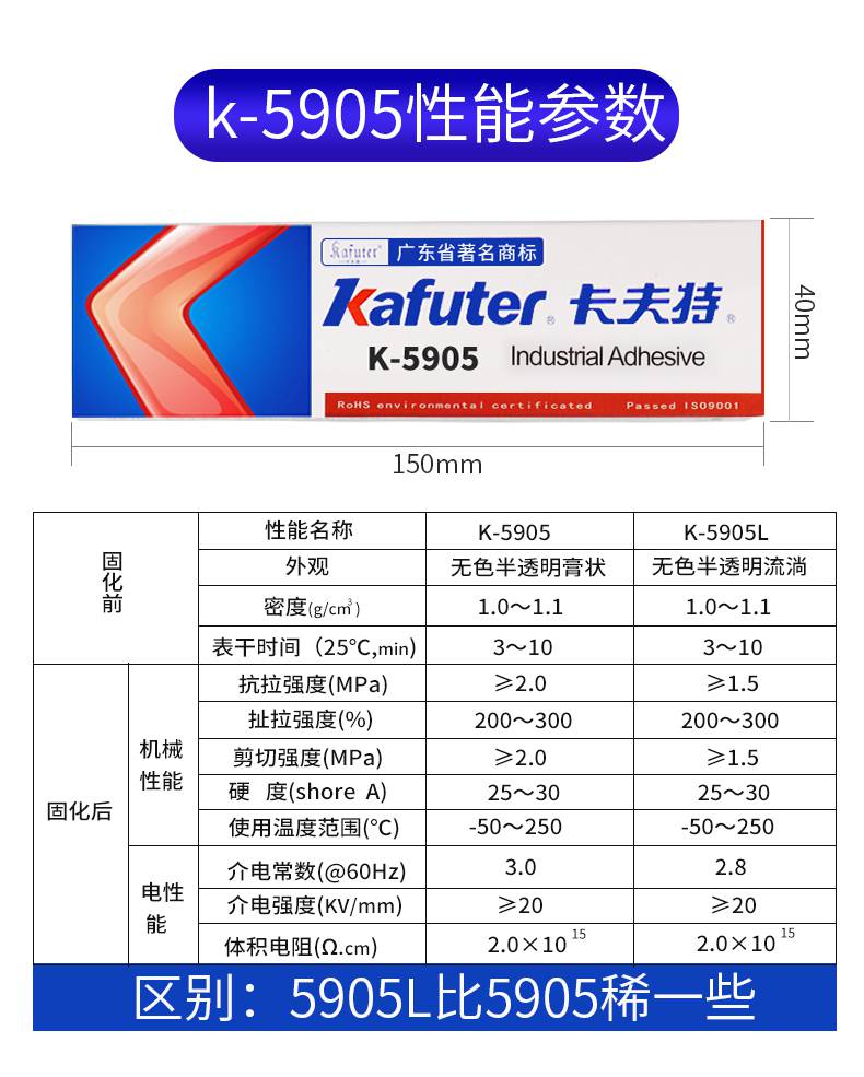 卡夫特k5905密封胶k5905l防水硅橡胶透明绝缘耐高温工业胶粘剂