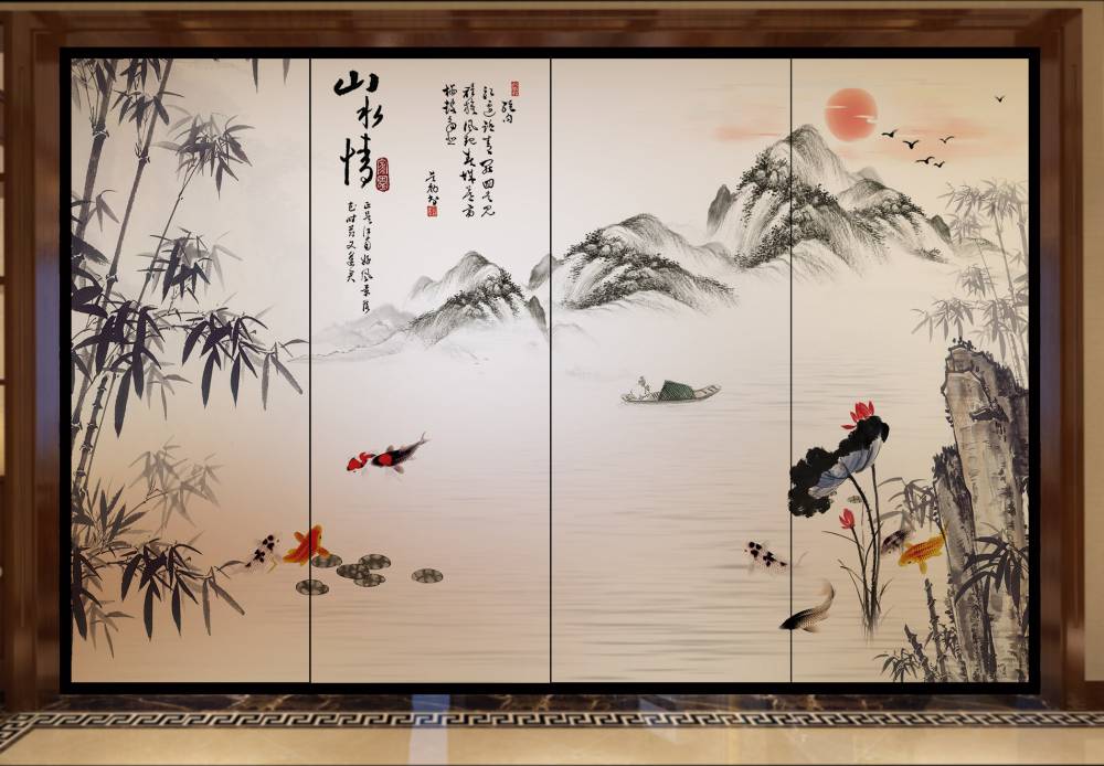 夹丝玻璃艺术酒店隔断屏风山水画水墨新中式夹娟玻璃轻奢