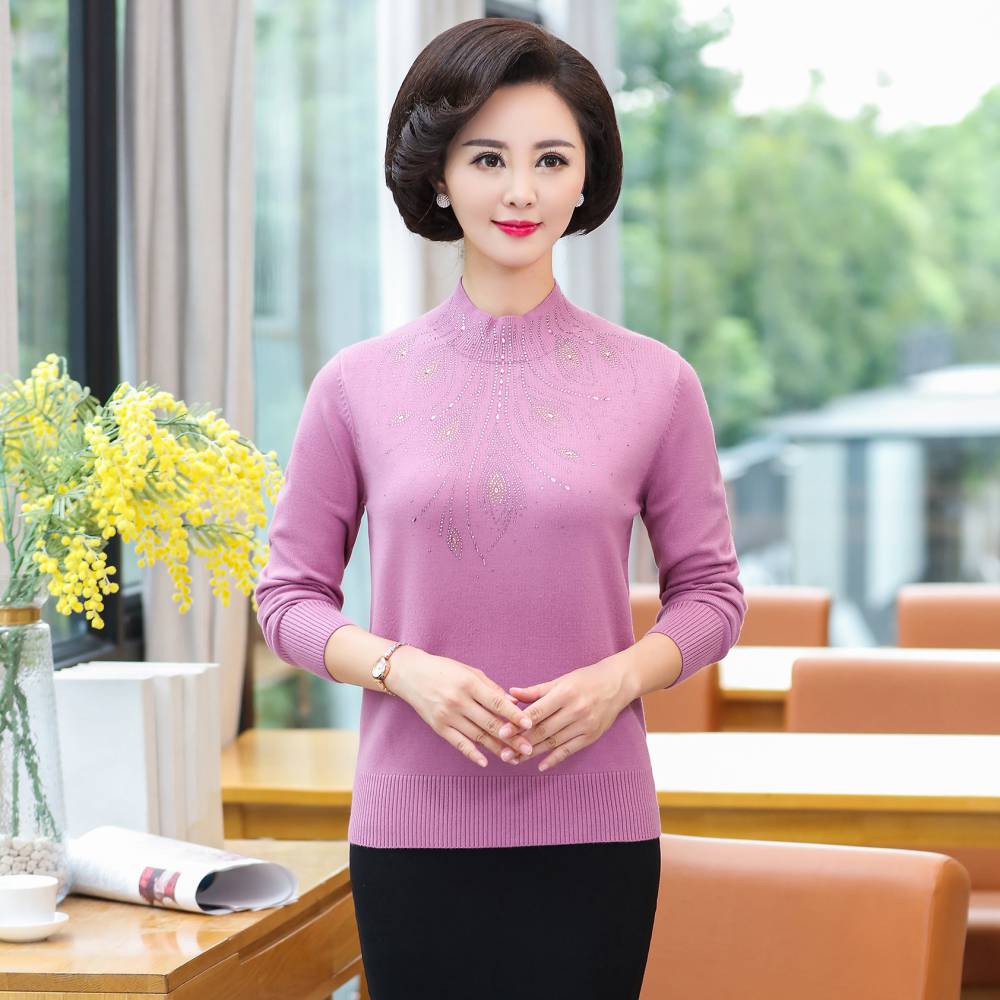 中老年女装秋冬针织打底衫中年长袖上衣50岁40妈妈半高领套头毛衣中国