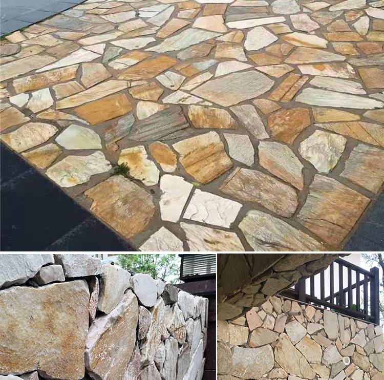 天然粉石英碎拼片石园林铺路石材青灰色不规则乱形石毛石