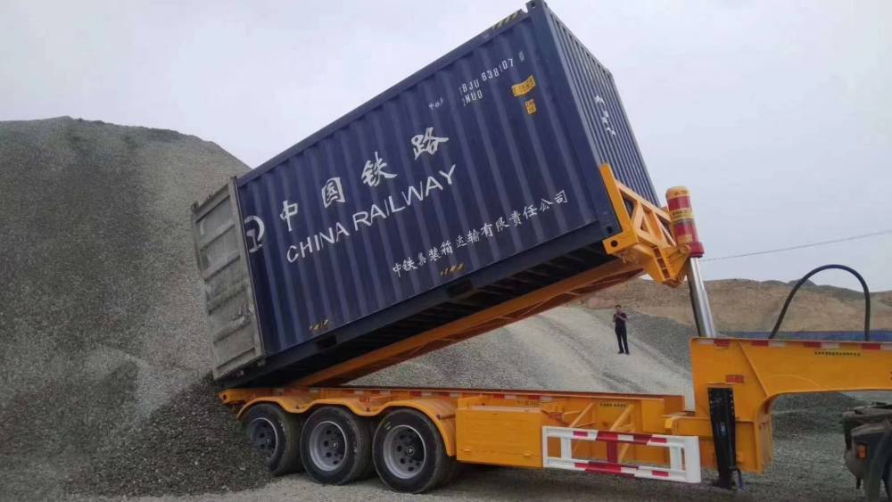 【20英尺后翻集装箱半挂车,集装箱平板后翻自卸车,后翻自卸平板车】