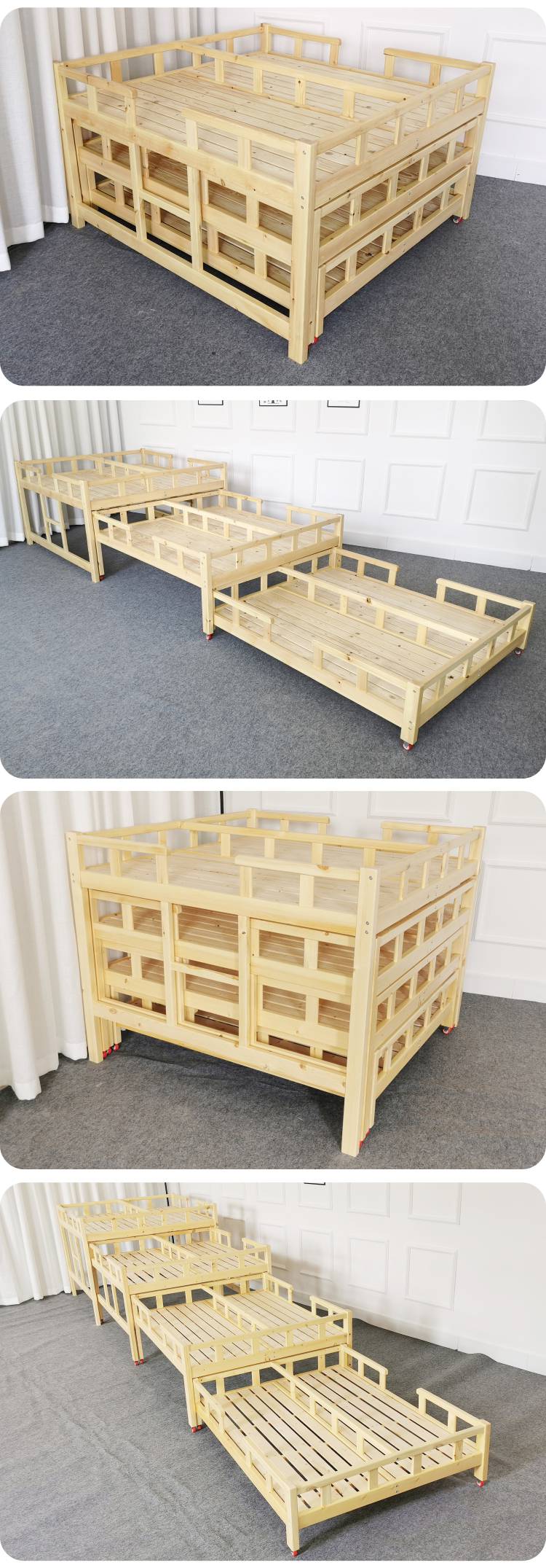 茂名生产学校中小学儿童床白蜡木三层幼儿推拉床家具