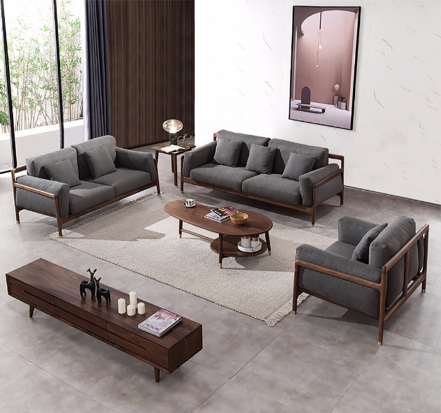 广东实木沙发意式极简布艺沙发北美黑胡桃木客厅整装123沙发组合图片