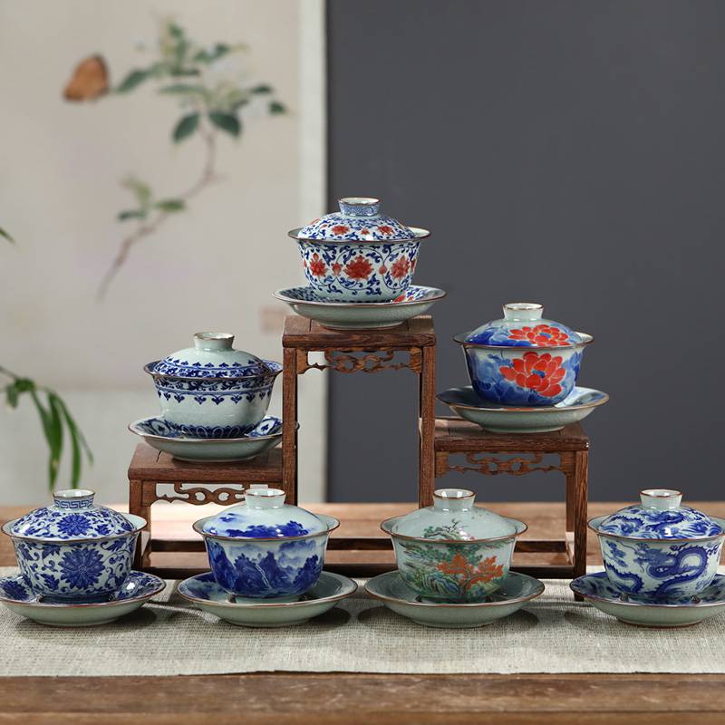 景德镇陶瓷器万花 茶碗 盖碗 粉彩青花三才 - 工芸品